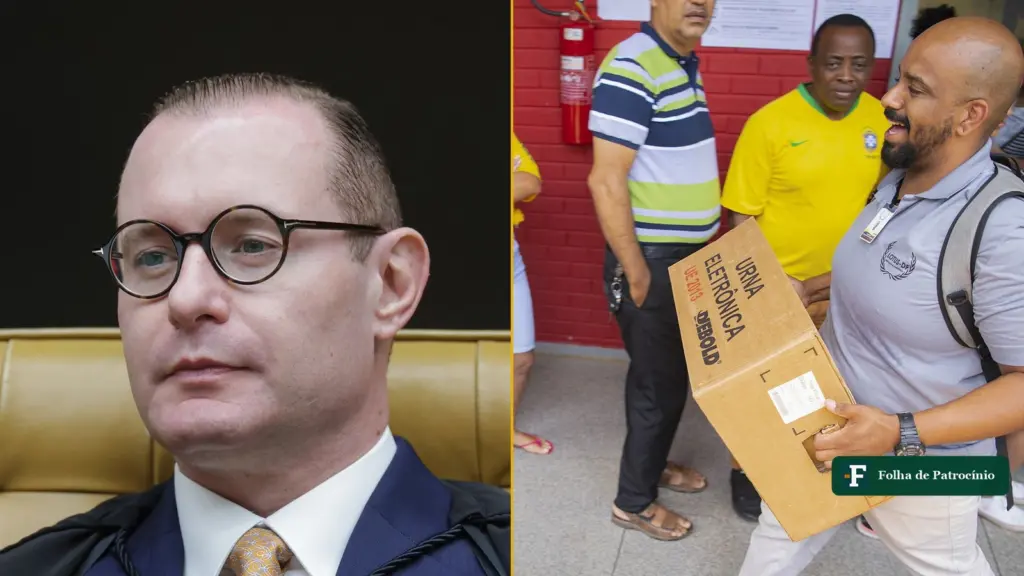Votação até as 19h: o ministro Cristiano Zanin, do STF, e um técnico carregando caixa de urna eletrônica em seção eleitoral