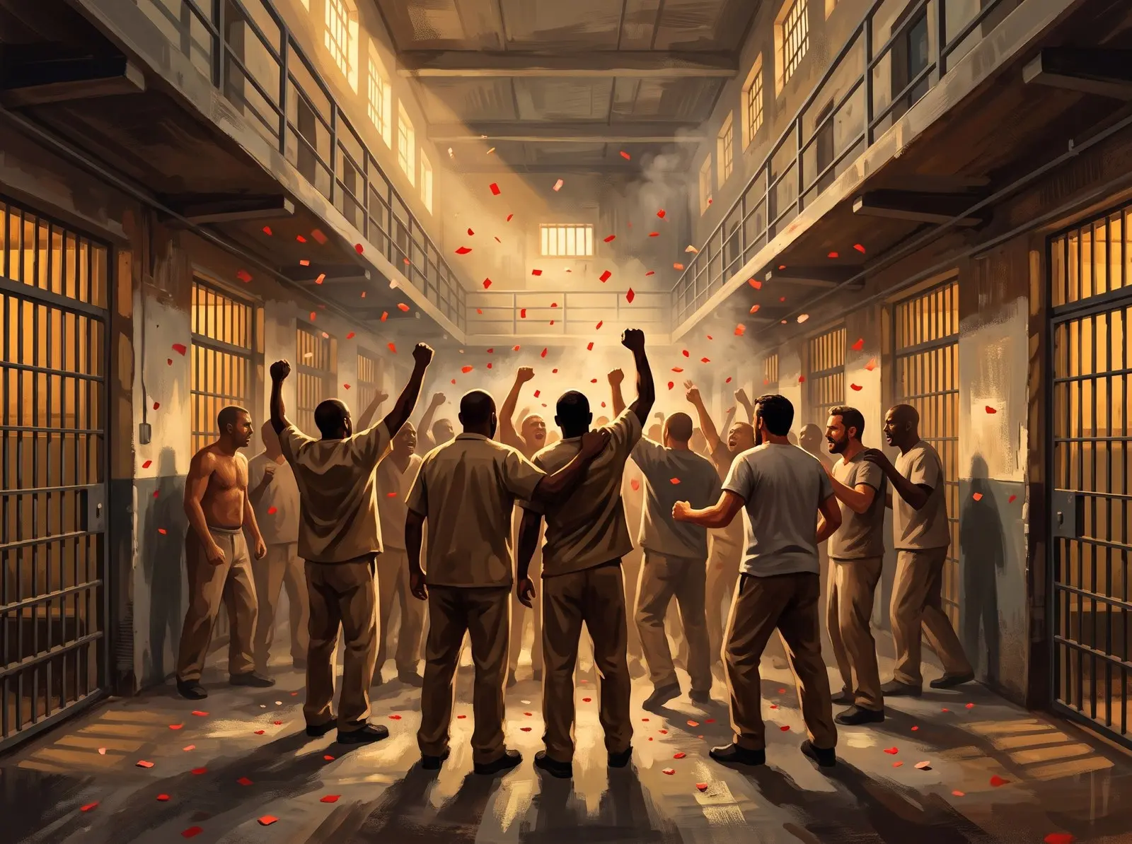 Ilustração gerada por IA dos votos nos presídios: detentos de costas comemoram em um corredor