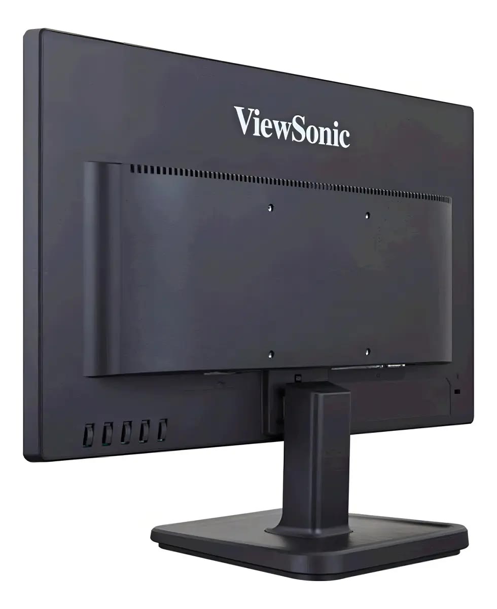 Parte traseira do monitor ViewSonic de 19 polegadas, com a base e a entrada de conectores