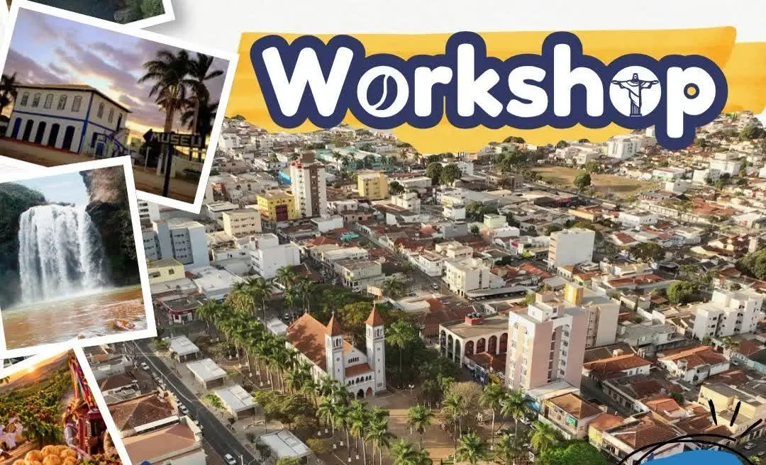 Arte de divulgação do workshop de turismo em Patrocínio, com fotos da cidade