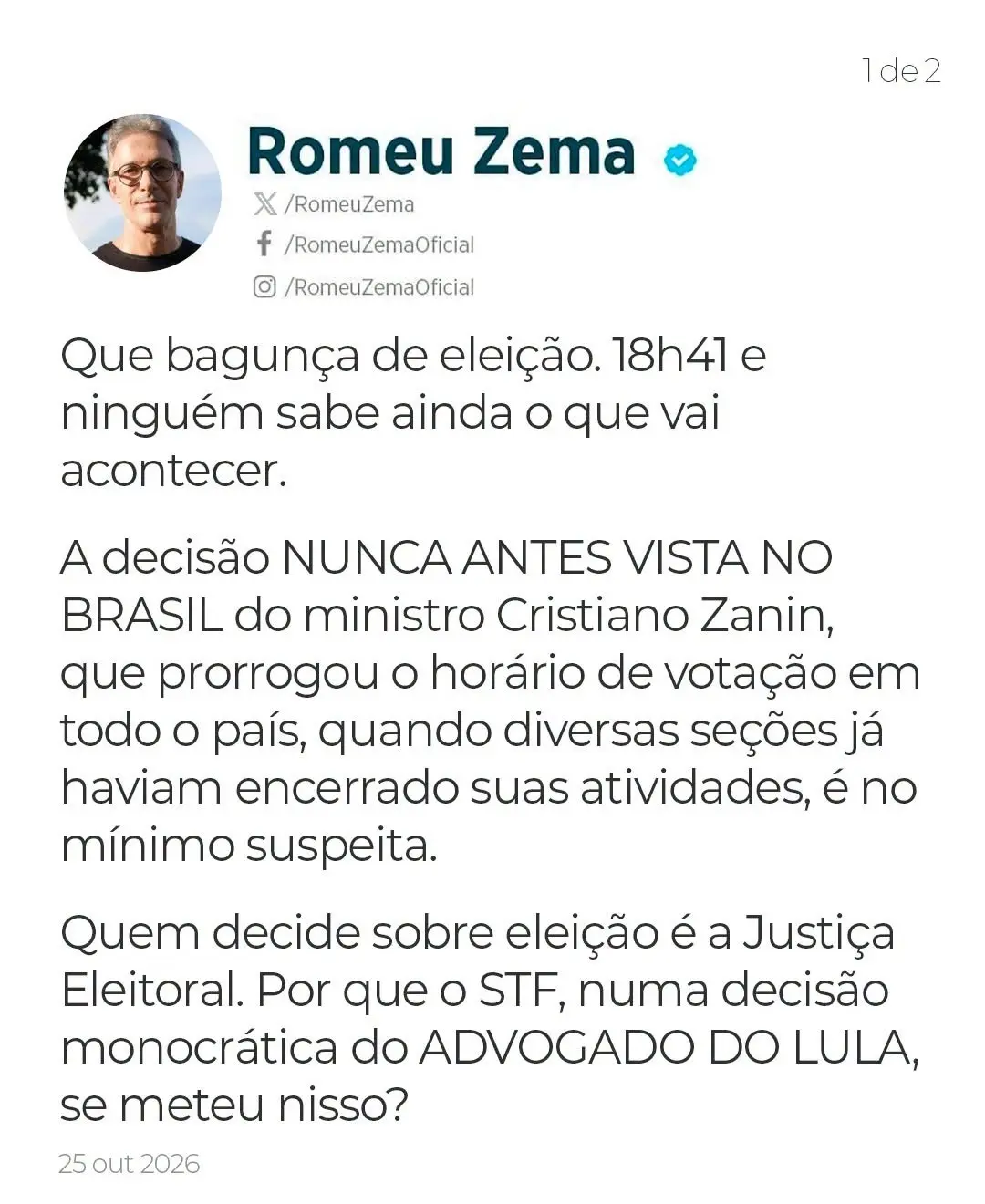 Zema critica Zanin: card com a publicação de Romeu Zema sobre a prorrogação da votação